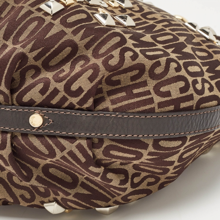Pre Owned Moschino Dark Brown Signature Canvas Studs Embellished Hobo