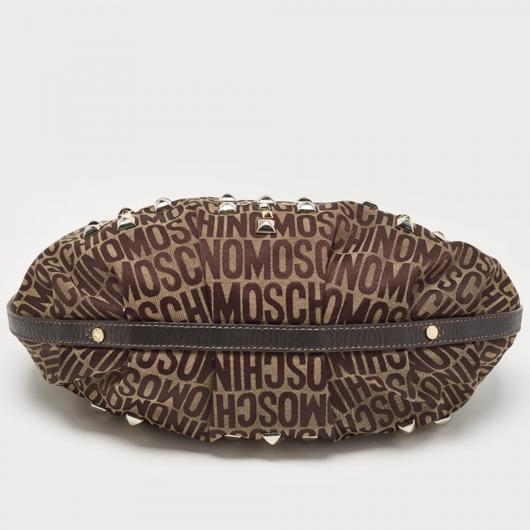 Pre Owned Moschino Dark Brown Signature Canvas Studs Embellished Hobo