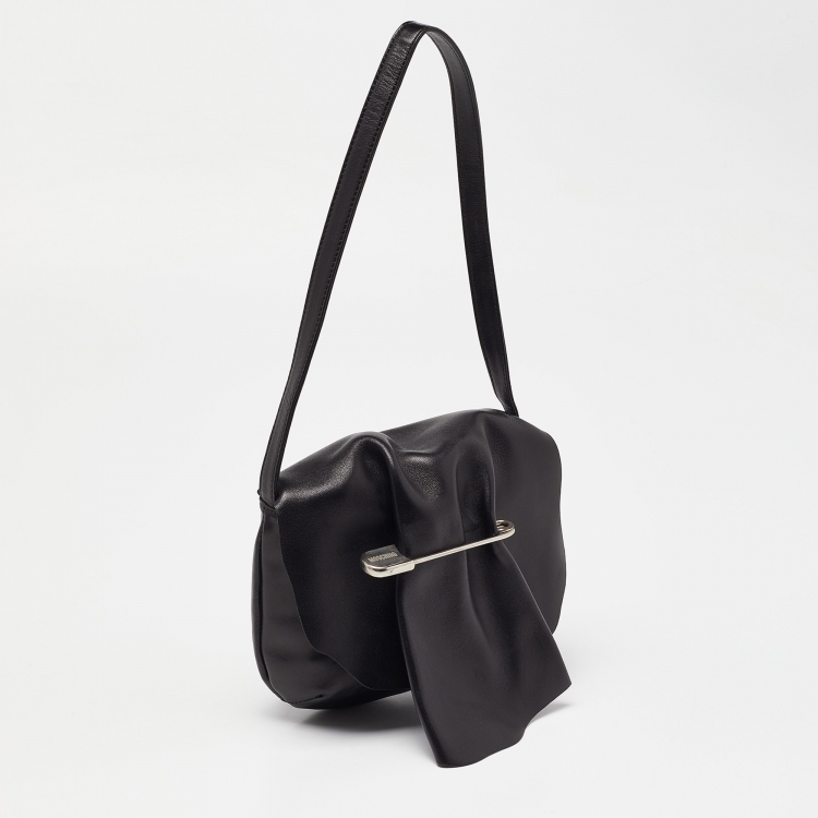 Pre Owned Moschino Black Leather Pin Flap Shoulder Bag