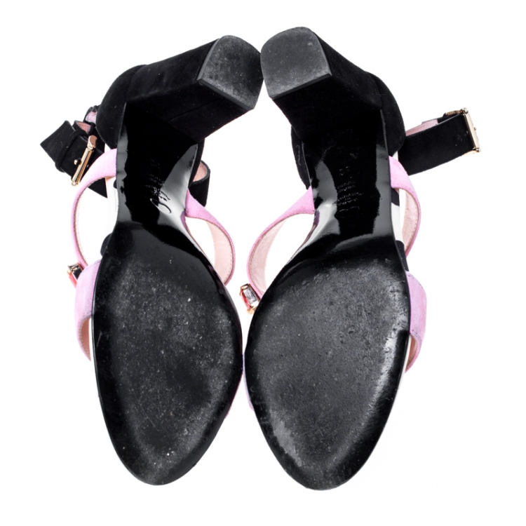 Pre Owned Moschino Black/ Pink Suede Crystal Embellished Ankle Strap Sandals Size 38 