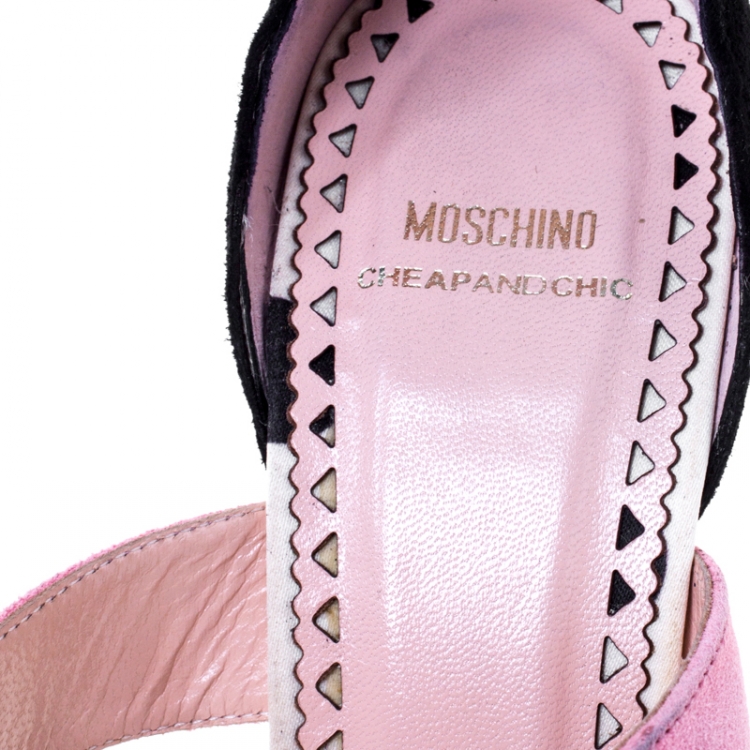 Pre Owned Moschino Black/ Pink Suede Crystal Embellished Ankle Strap Sandals Size 38 