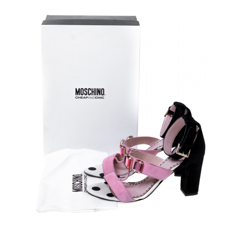 Pre Owned Moschino Black/ Pink Suede Crystal Embellished Ankle Strap Sandals Size 38 
