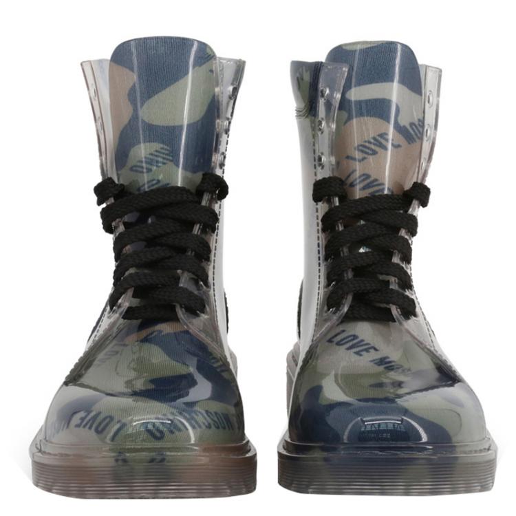 Pre Owned Love Moschino Green Camouflage Print Rubber and Fabric Ankle Boots Size 37