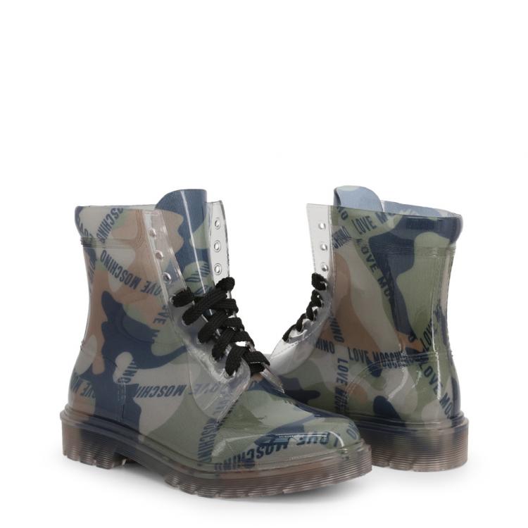 Pre Owned Love Moschino Green Camouflage Print Rubber and Fabric Ankle Boots Size 39