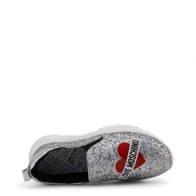 Pre Owned Love Moschino Metallic Grey Glitter and Faux Leather Slip On Sneakers  Size 37