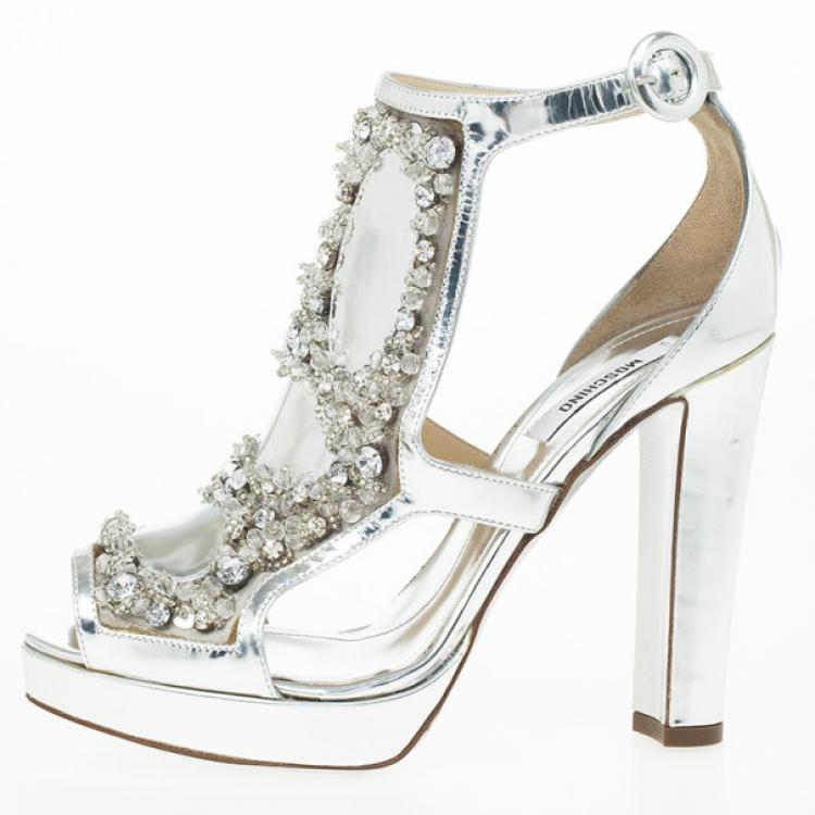Pre Owned Moschino Silver Crystal Embellished Platform Sandals Size 36