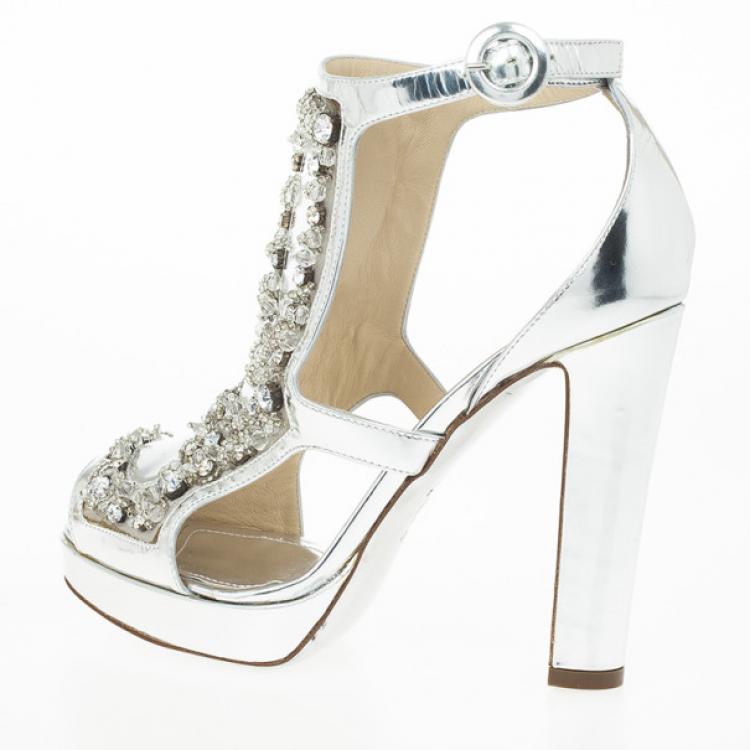 Pre Owned Moschino Silver Crystal Embellished Platform Sandals Size 36