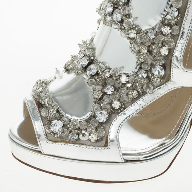 Pre Owned Moschino Silver Crystal Embellished Platform Sandals Size 36