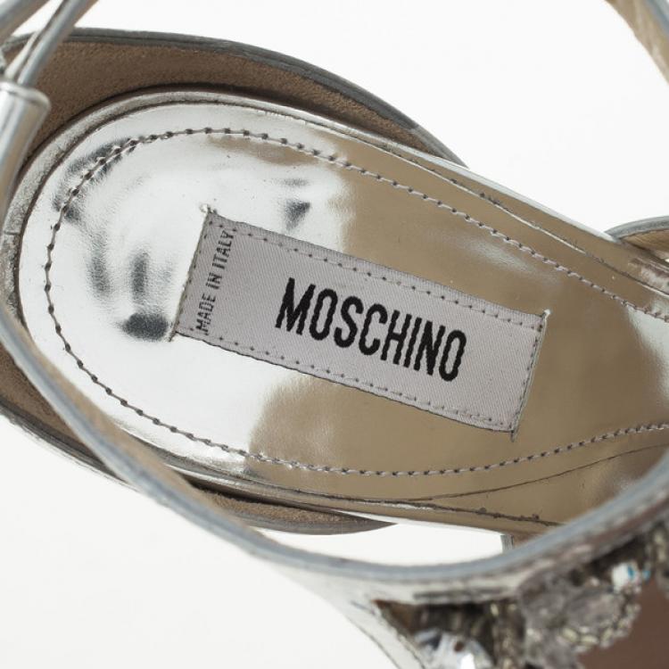 Pre Owned Moschino Silver Crystal Embellished Platform Sandals Size 36