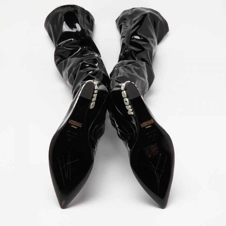 Pre Owned Moschino Black Leather Patent Over The Kee Length Wedge Boots Size 40