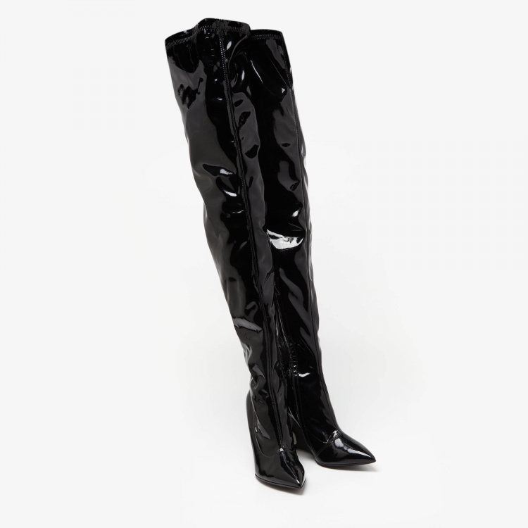 Pre Owned Moschino Black Leather Patent Over The Kee Length Wedge Boots Size 40