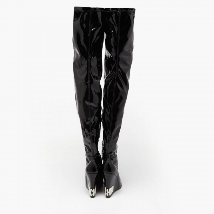 Pre Owned Moschino Black Leather Patent Over The Kee Length Wedge Boots Size 40
