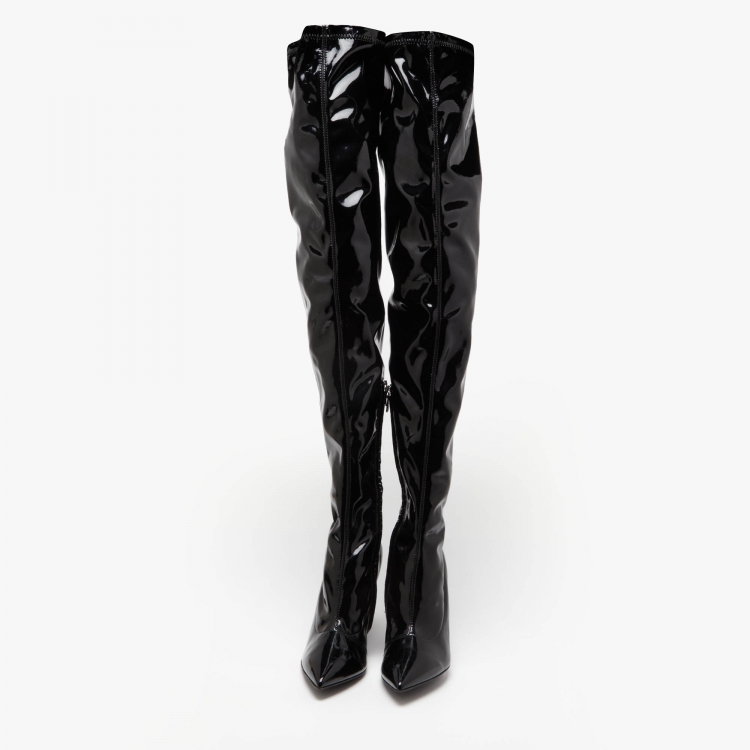 Pre Owned Moschino Black Leather Patent Over The Kee Length Wedge Boots Size 40