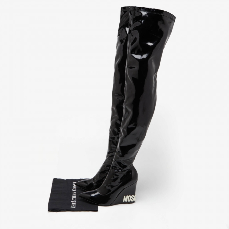 Pre Owned Moschino Black Leather Patent Over The Kee Length Wedge Boots Size 40