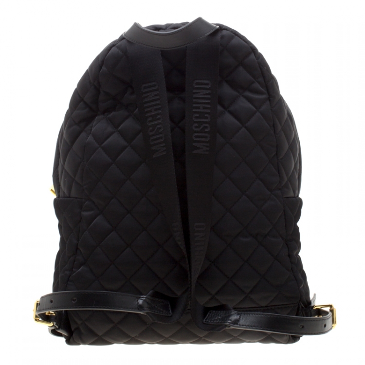 Pre Owned Moschino Black Quilted Nylon Large Logo Backpack
