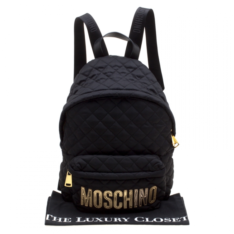 Pre Owned Moschino Black Quilted Nylon Large Logo Backpack