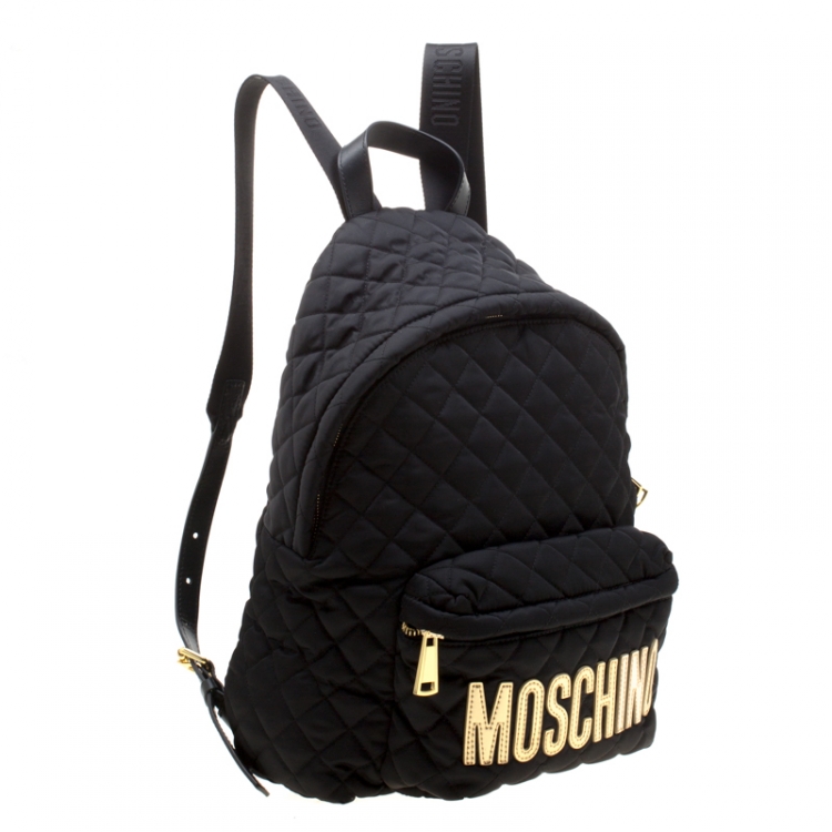 Pre Owned Moschino Black Quilted Nylon Large Logo Backpack