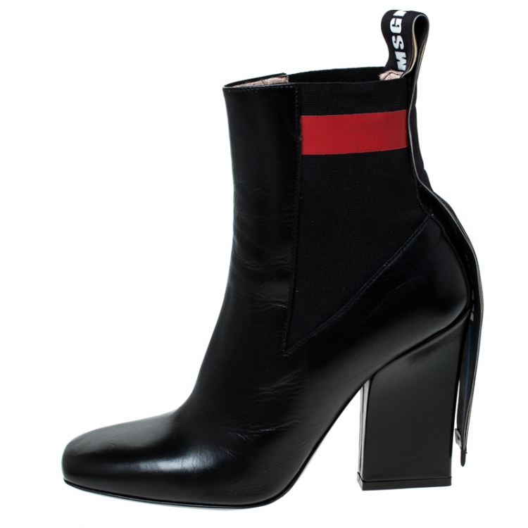 Pre Owned MSGM Black Leather Striped Band Chelsea Ankle Boots Size 39
