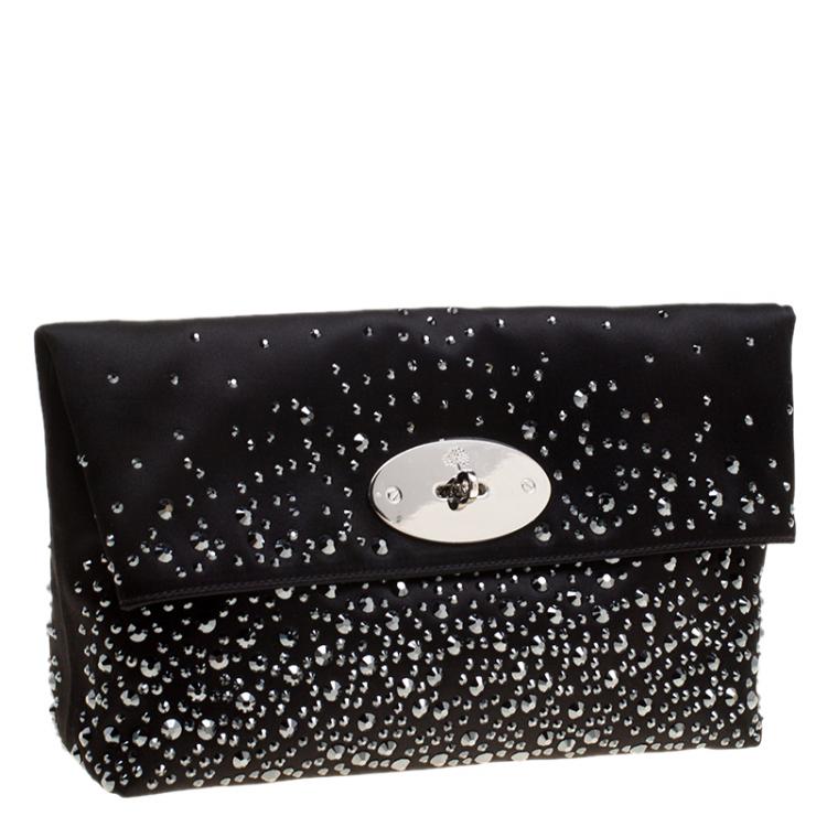 Pre Owned Mulberry Black Satin Embellished Clemmie Foldover Clutch