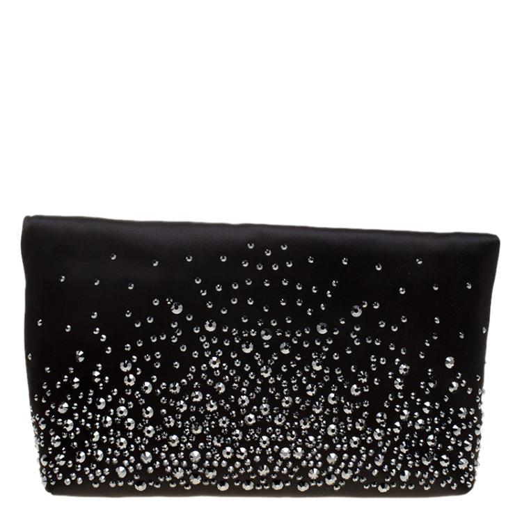 Pre Owned Mulberry Black Satin Embellished Clemmie Foldover Clutch