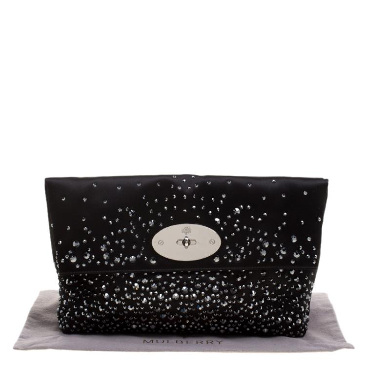 Pre Owned Mulberry Black Satin Embellished Clemmie Foldover Clutch