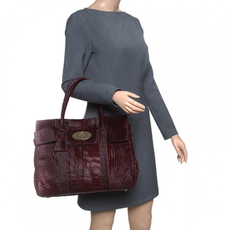 Pre Owned Mulberry Burgundy Croc Embossed Calfhair Bayswater Satchel