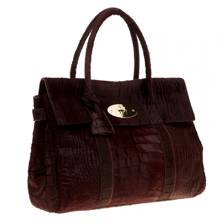 Pre Owned Mulberry Burgundy Croc Embossed Calfhair Bayswater Satchel