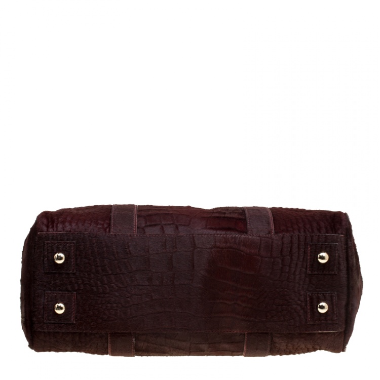 Pre Owned Mulberry Burgundy Croc Embossed Calfhair Bayswater Satchel