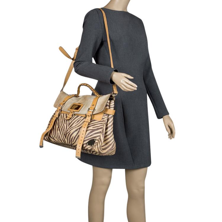 Pre Owned Mulberry Beige Zebra Printed Leather Travel Day Satchel