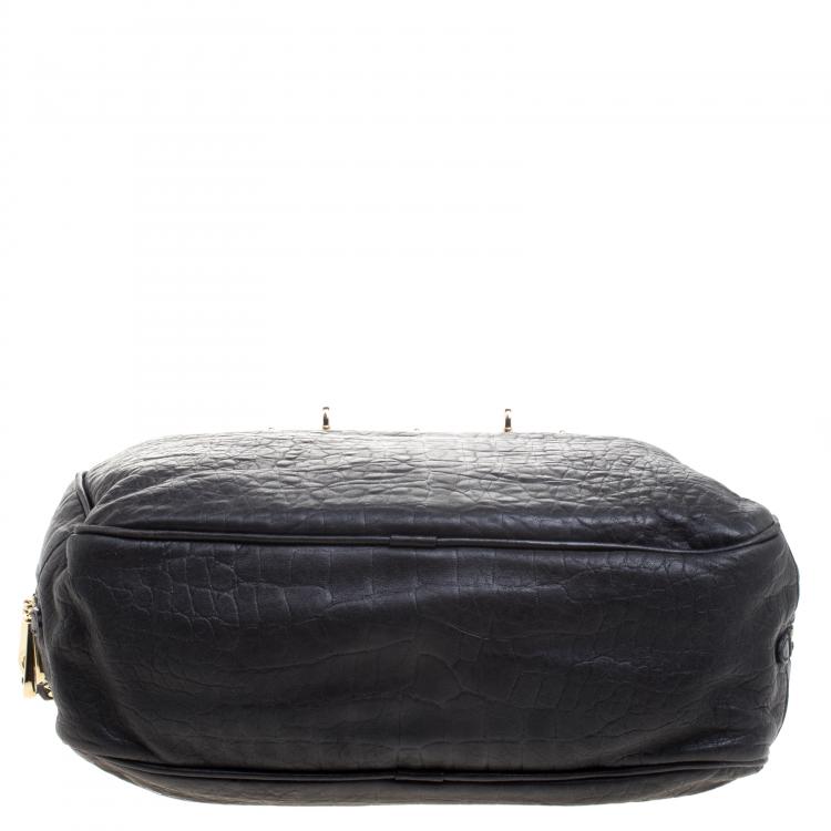 Pre Owned Mulberry Black Croc Embossed Leather Carter Bowler Bag
