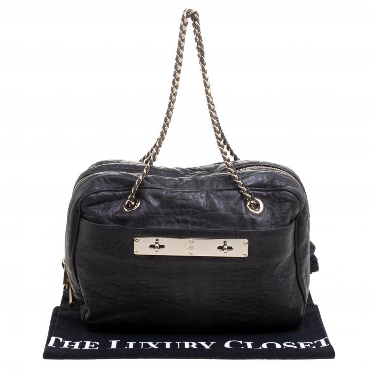 Pre Owned Mulberry Black Croc Embossed Leather Carter Bowler Bag
