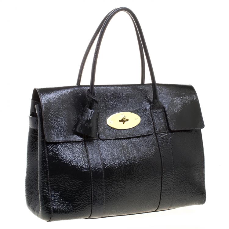 Pre Owned Mulberry Graphite Patent Leather Bayswater Satchel 