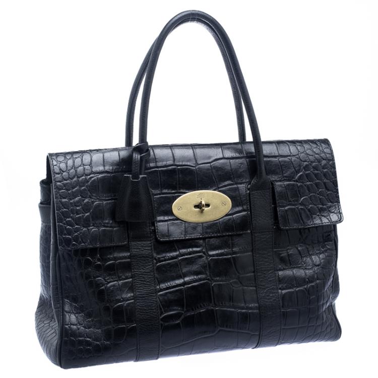 مملوكة مسبقًا Mulberry Black Croc Embossed Leather Bayswater Satchel