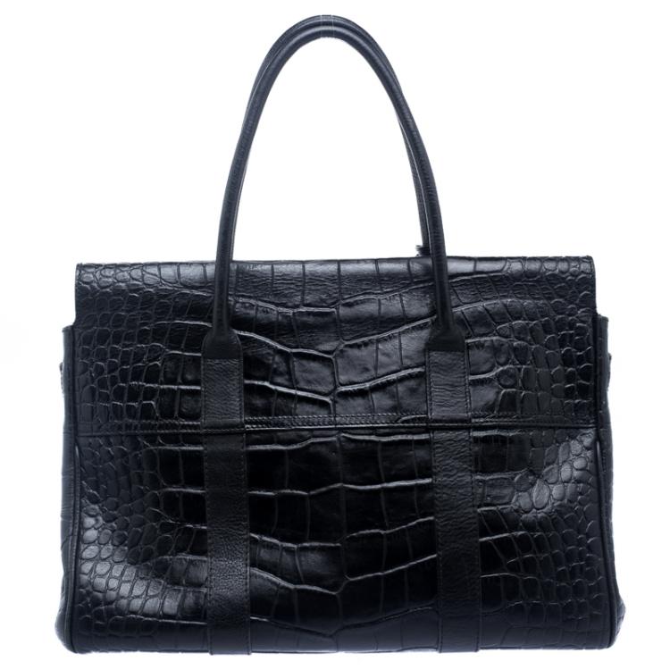 مملوكة مسبقًا Mulberry Black Croc Embossed Leather Bayswater Satchel