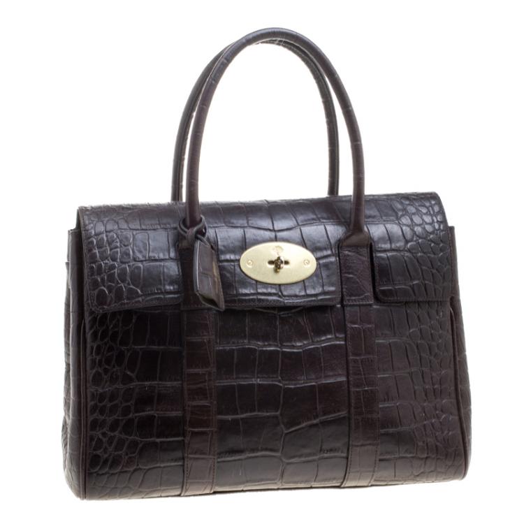 Pre Owned Mulberry Dark Brown Croc Embossed Leather Bayswater Satchel