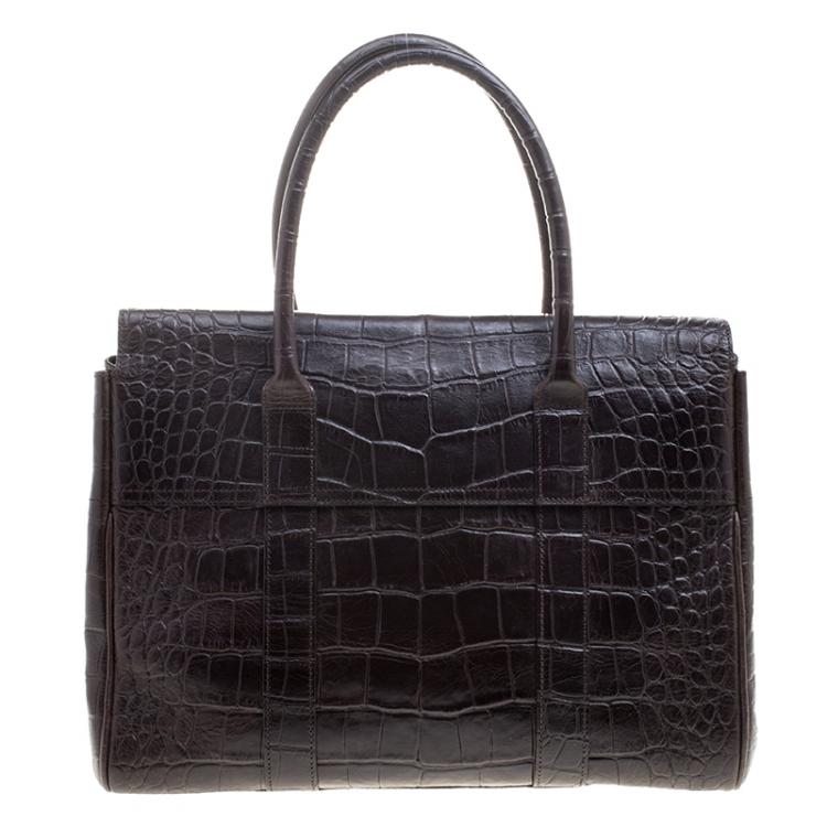 Pre Owned Mulberry Dark Brown Croc Embossed Leather Bayswater Satchel