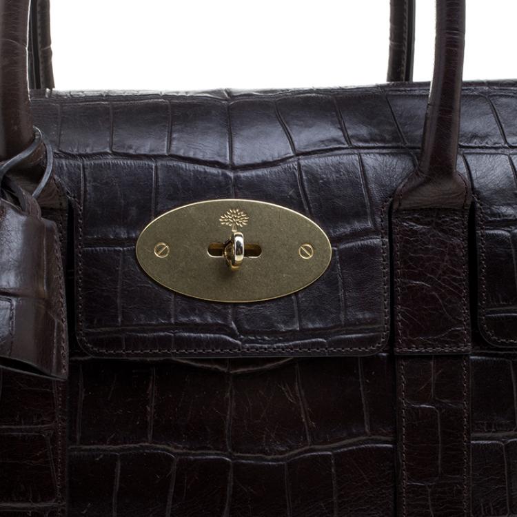 Pre Owned Mulberry Dark Brown Croc Embossed Leather Bayswater Satchel