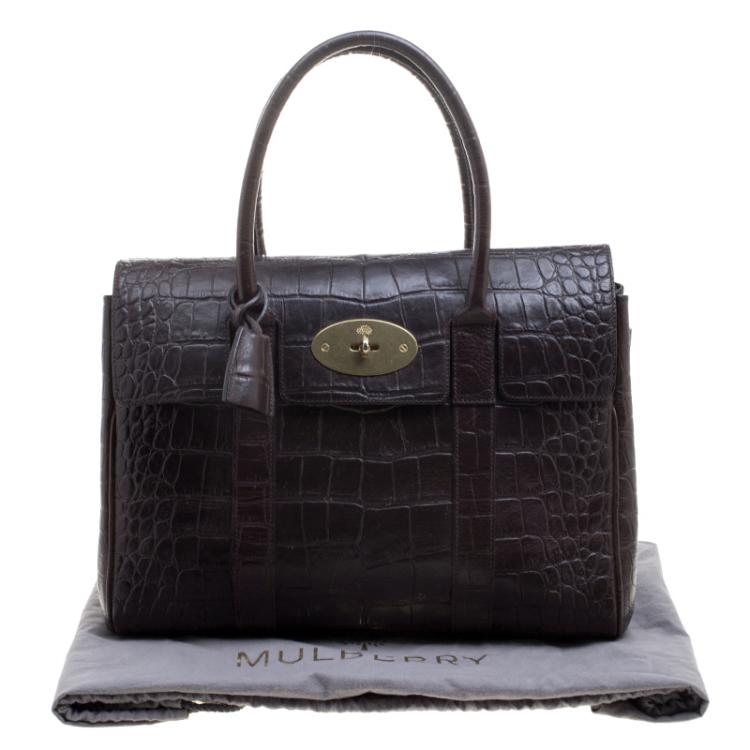 Pre Owned Mulberry Dark Brown Croc Embossed Leather Bayswater Satchel
