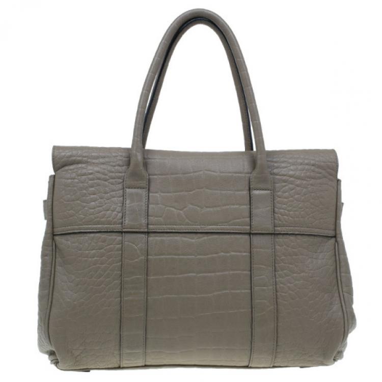Pre Owned Mulberry Taupe Soft Croc Printed Bayswater Satchel