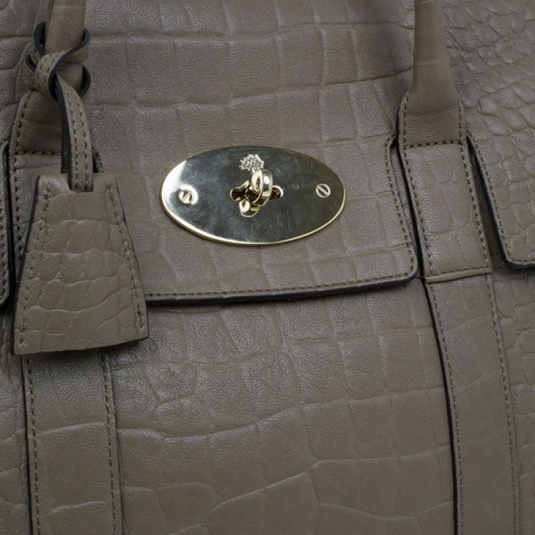 Pre Owned Mulberry Taupe Soft Croc Printed Bayswater Satchel