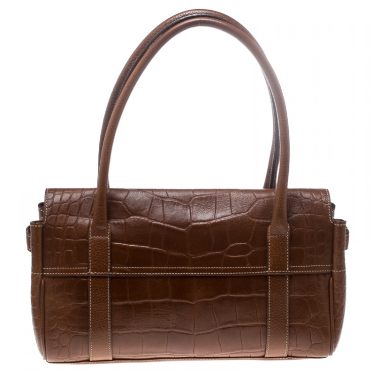 Pre Owned Mulberry Brown Croc Embossed Leather East West Bayswater Satchel