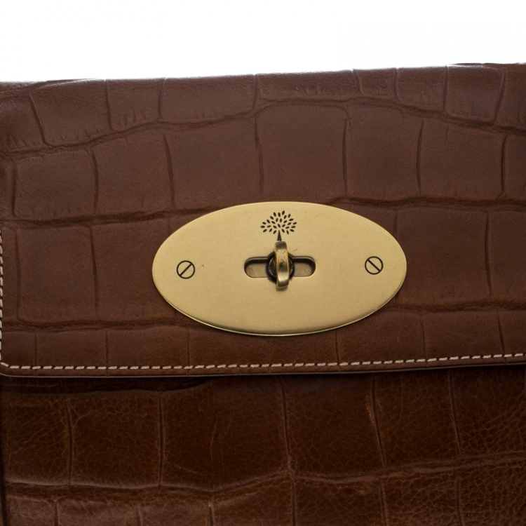 Pre Owned Mulberry Brown Croc Embossed Leather East West Bayswater Satchel