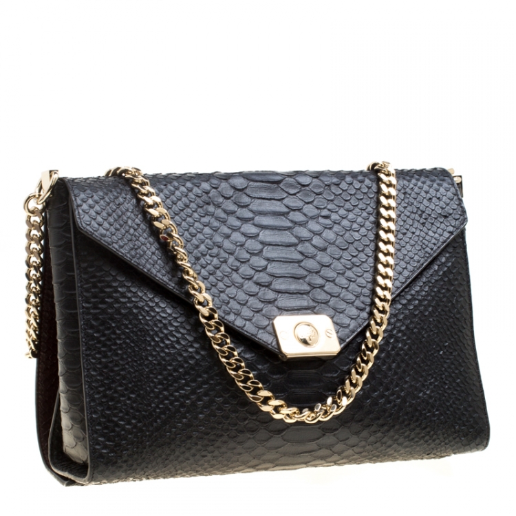 Pre Owned Mulberry Black/Burgundy Snakeskin Embossed Leather Delphie Duo Flap Shoulder Bag