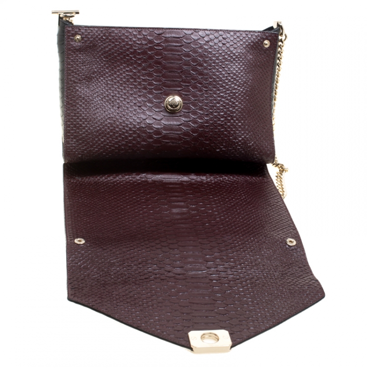 Pre Owned Mulberry Black/Burgundy Snakeskin Embossed Leather Delphie Duo Flap Shoulder Bag