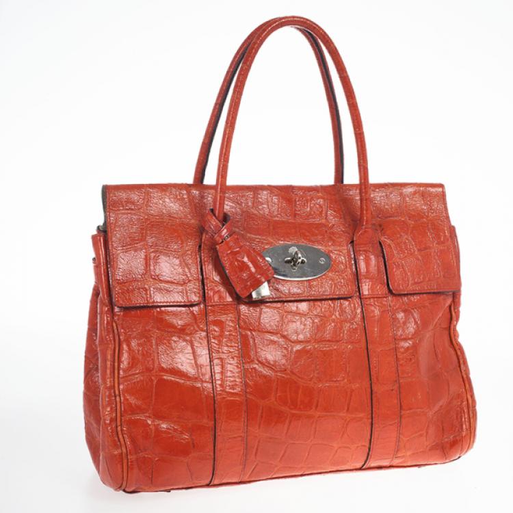 Pre Owned Mulberry Red Soft Croc Printed Bayswater Satchel
