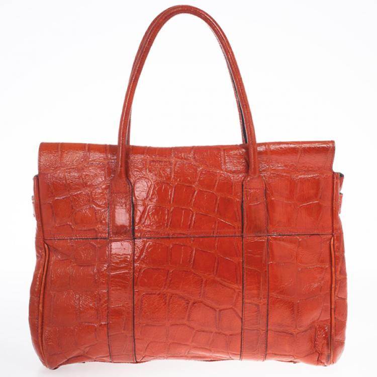 Pre Owned Mulberry Red Soft Croc Printed Bayswater Satchel