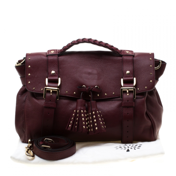 Pre Owned Mulberry Burgundy Leather Studded Tassel Alexa Satchel