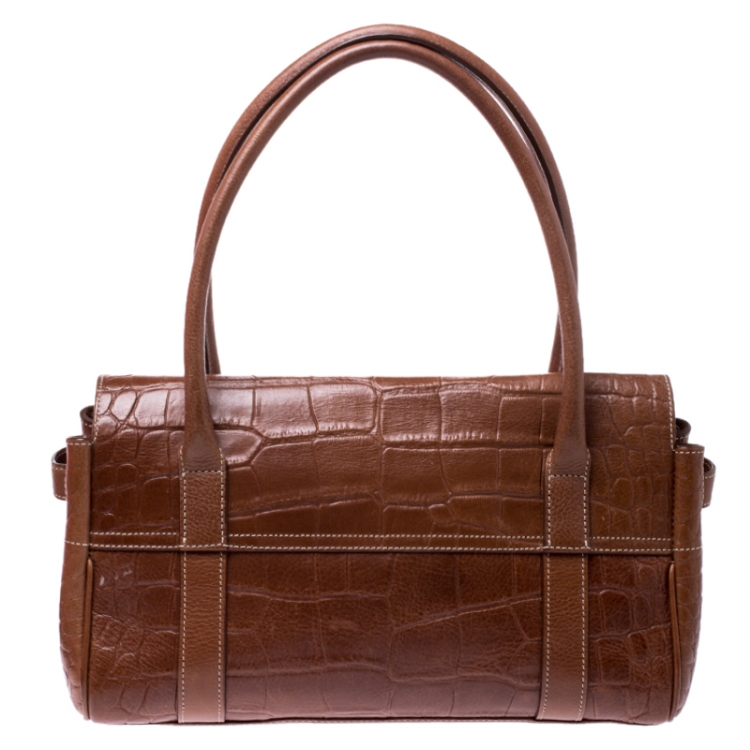 Pre Owned Mulberry Brown Croc Embossed Leather East West Bayswater Satchel