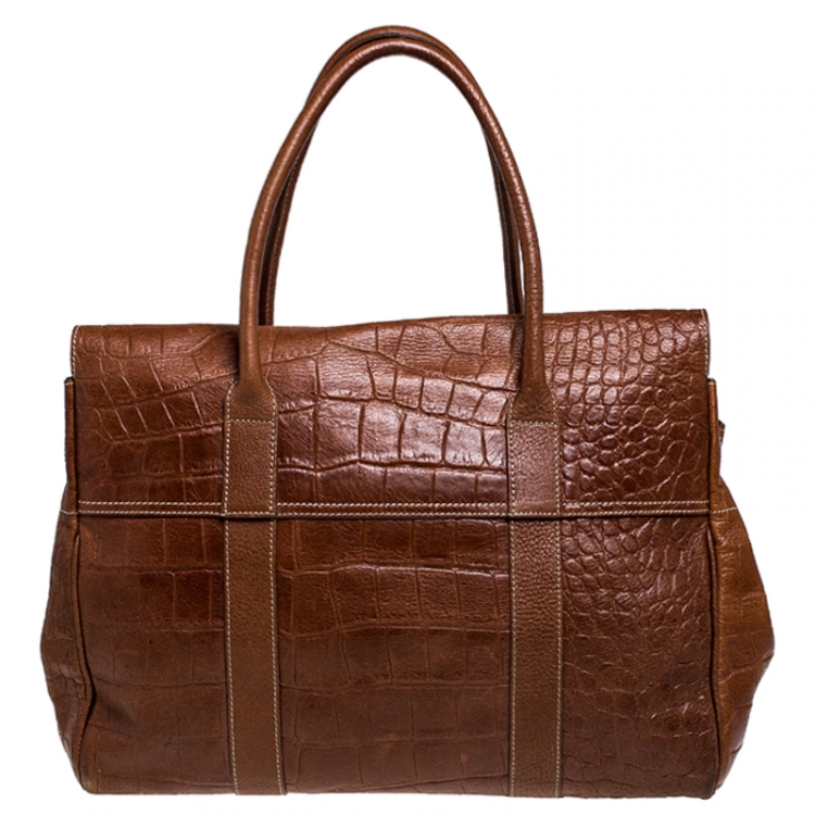 Pre Owned Mulberry Brown Croc Embossed Leather Bayswater Satchel