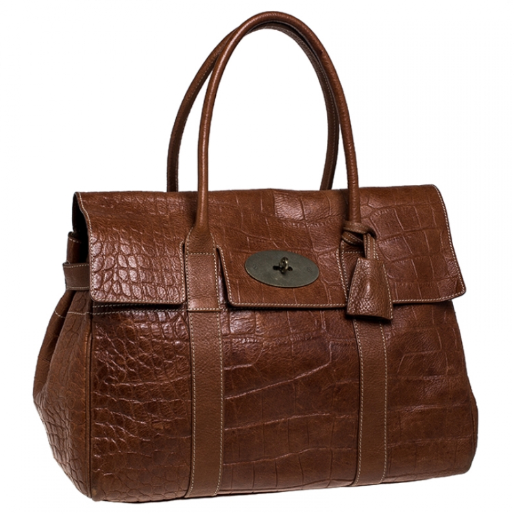 Pre Owned Mulberry Brown Croc Embossed Leather Bayswater Satchel